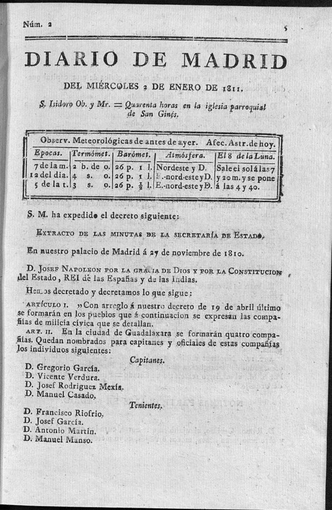 Miniatura de Diario de Madrid del miércoles 2 de Enero de 1811