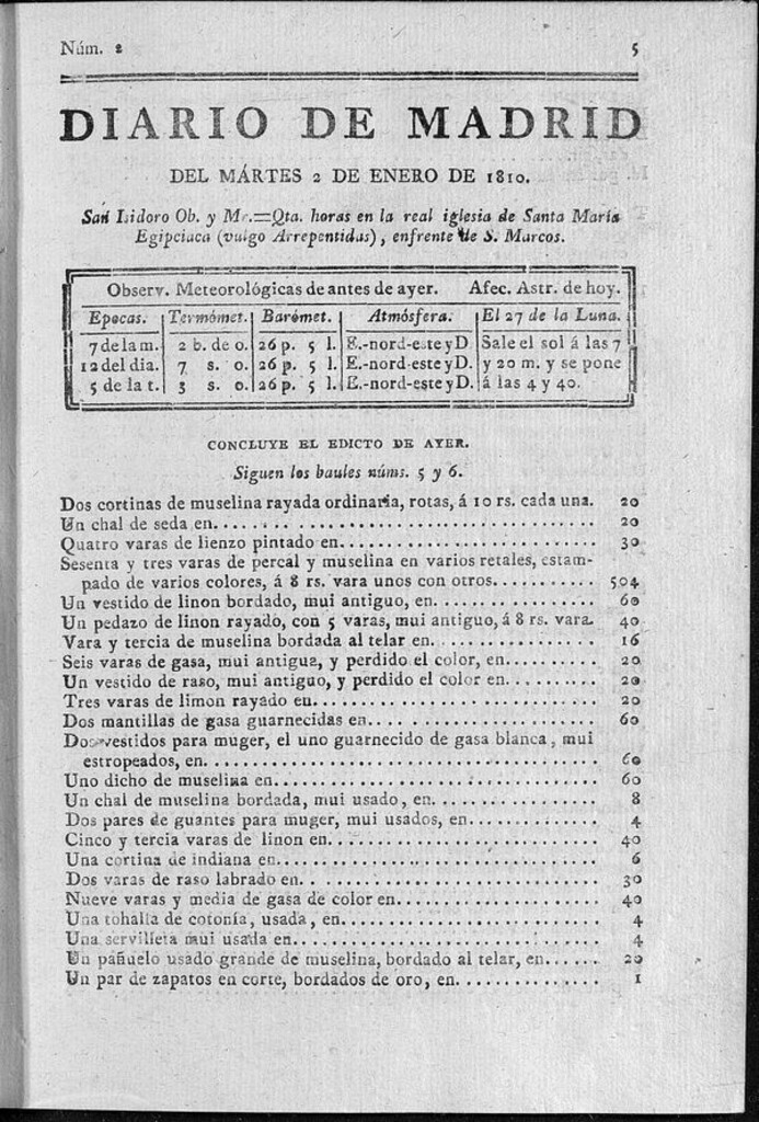Miniatura de Diario de Madrid del martes 2 de Enero de 1810