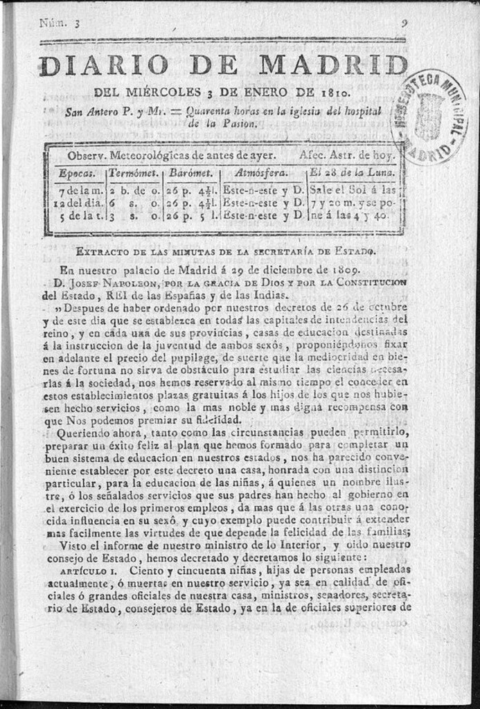 Miniatura de Diario de Madrid del miércoles 3 de Enero de 1810