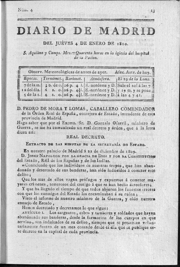 Miniatura de Diario de Madrid del jueves 4 de Enero de 1810