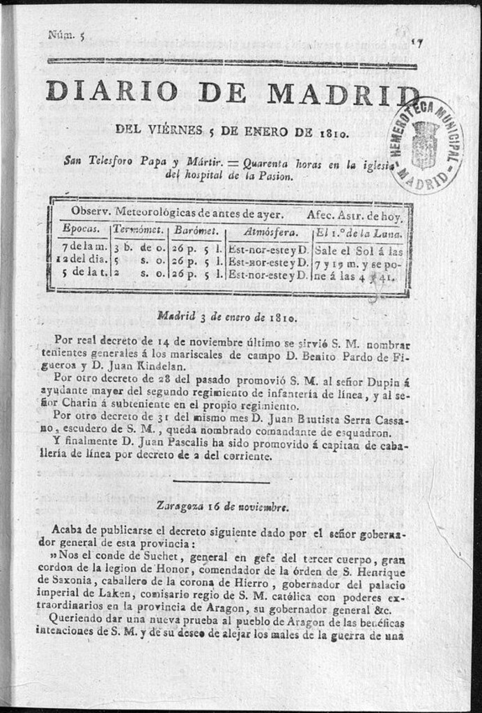 Miniatura de Diario de Madrid del viernes 5 de Enero de 1810