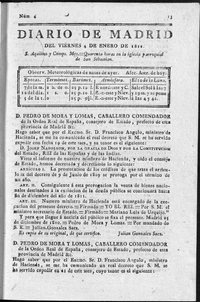 Miniatura de Diario de Madrid del viernes 4 de Enero de 1811