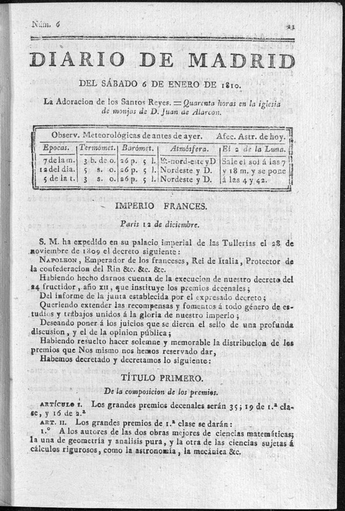 Miniatura de Diario de Madrid del sábado 6 de Enero de 1810