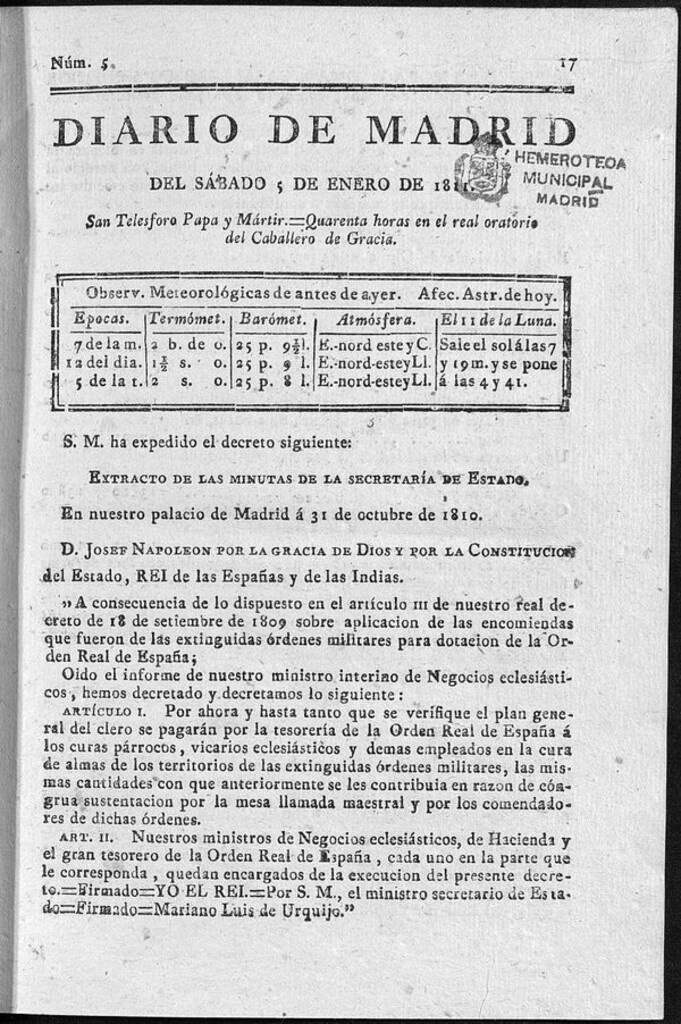 Miniatura de Diario de Madrid del sábado 5 de Enero de 1811