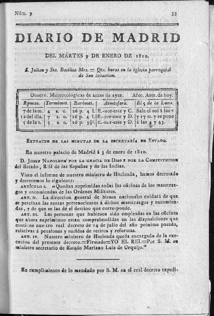 Miniatura de Diario de Madrid del martes 9 de Enero de 1810