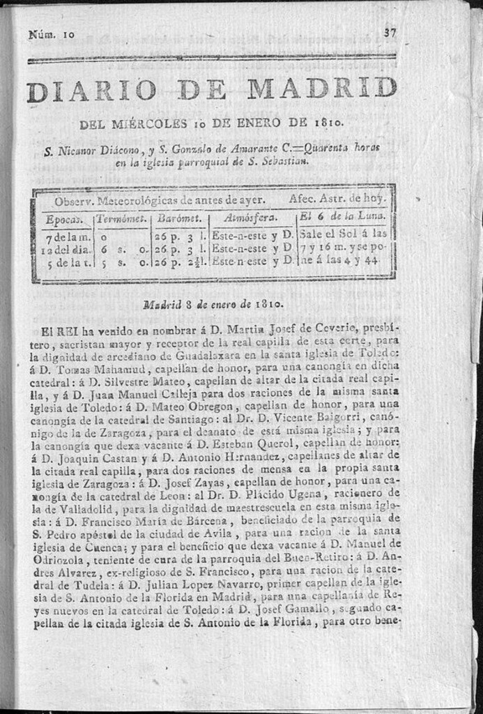 Miniatura de Diario de Madrid del miércoles 10 de Enero de 1810