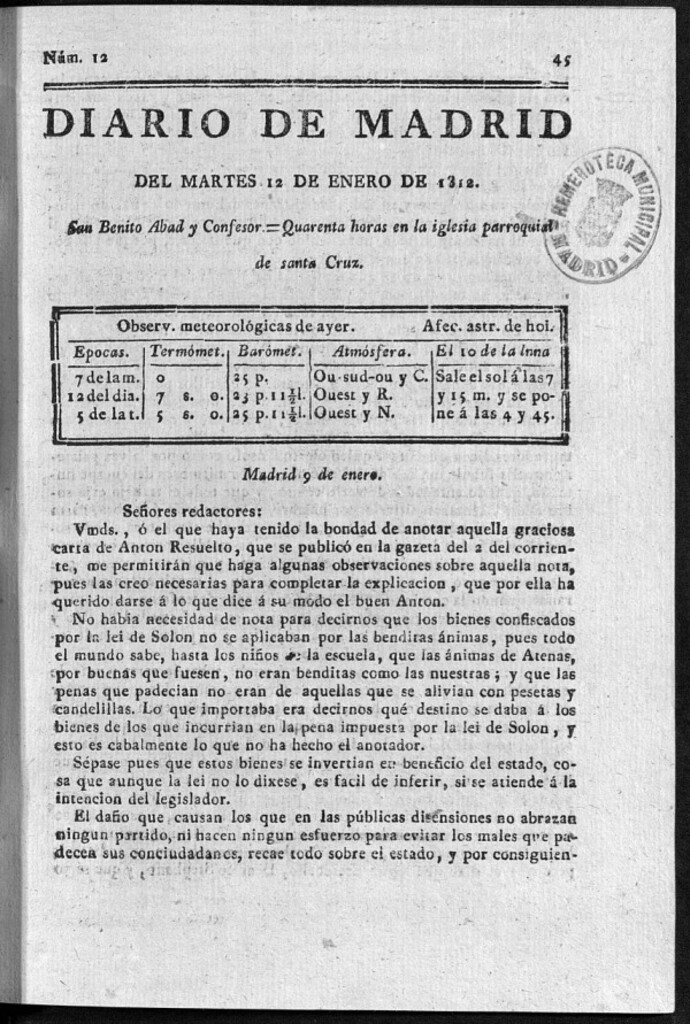 Miniatura de Diario de Madrid del Martes 12 de Enero de 1813