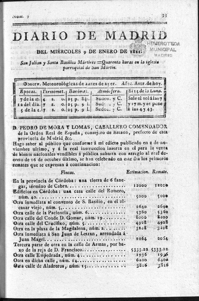 Miniatura de Diario de Madrid del miércoles 9 de Enero de 1811
