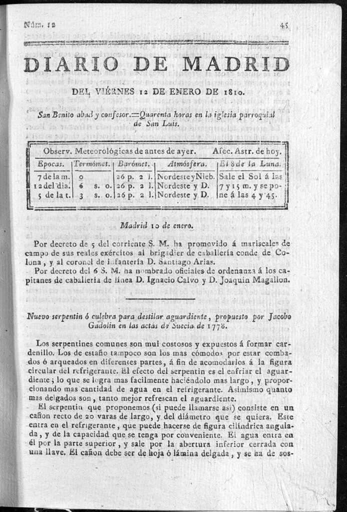Miniatura de Diario de Madrid del viernes 12 de Enero de 1810