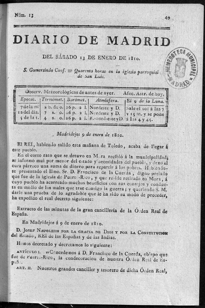 Miniatura de Diario de Madrid del sábado 13 de Enero de 1810