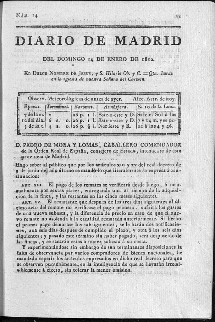 Miniatura de Diario de Madrid del domingo 14 de Enero de 1810