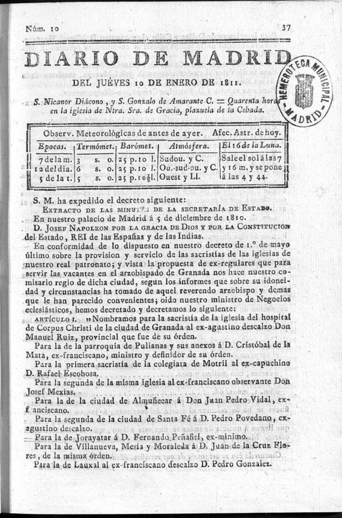 Miniatura de Diario de Madrid del jueves 10 de Enero de 1811