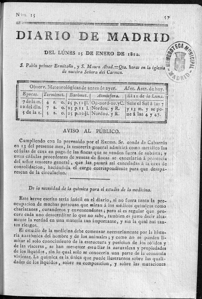 Miniatura de Diario de Madrid del lunes 15 de Enero de 1810