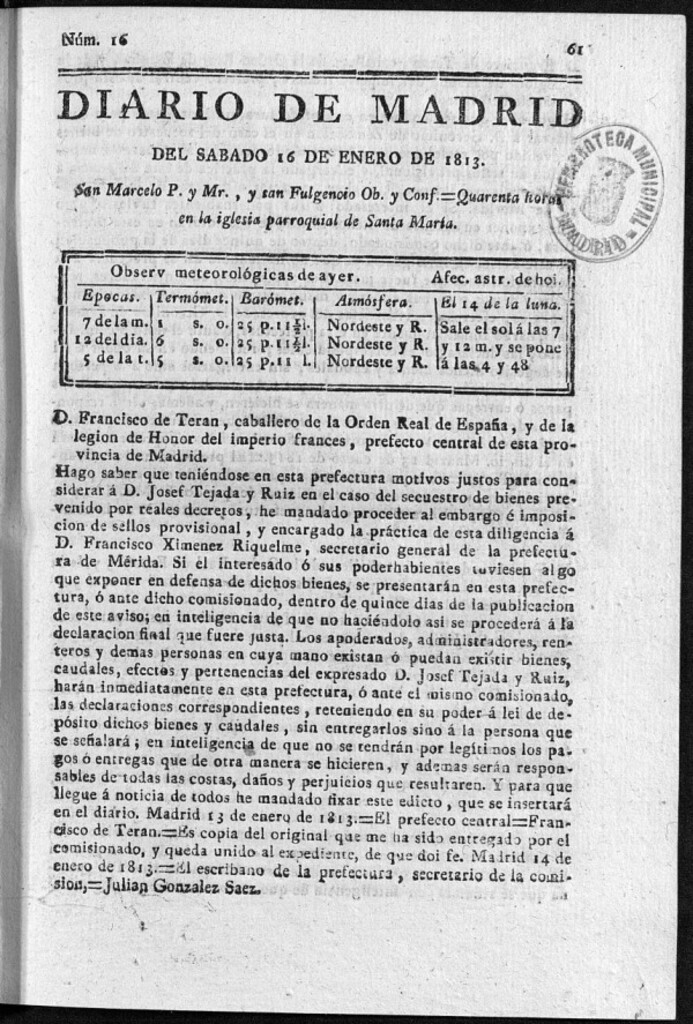 Miniatura de Diario de Madrid del Sábado 16 de Enero de 1813