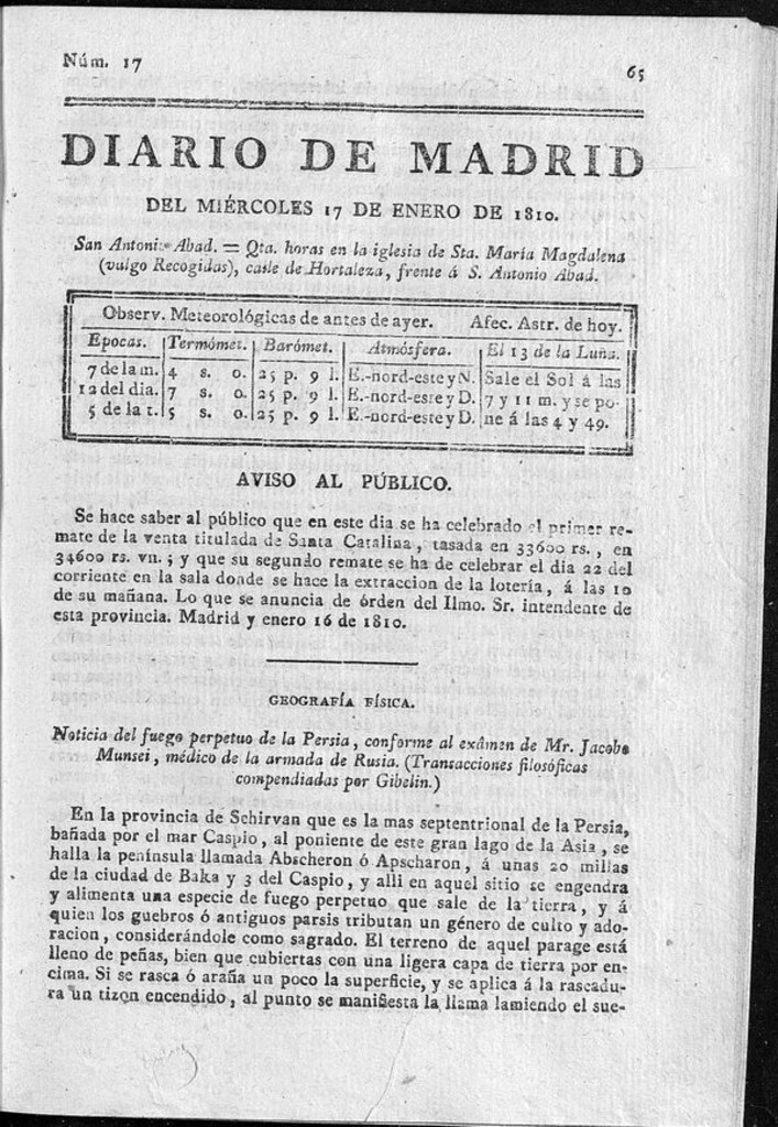 Miniatura de Diario de Madrid del miércoles 17 de Enero de 1810
