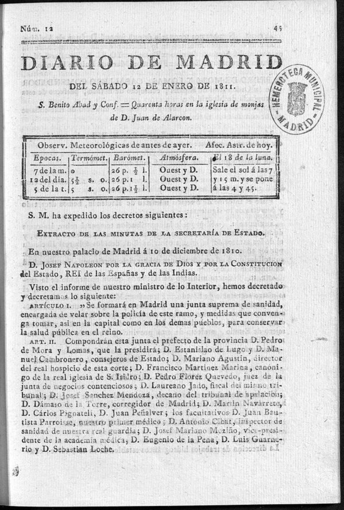Miniatura de Diario de Madrid del sábado 12 de Enero de 1811