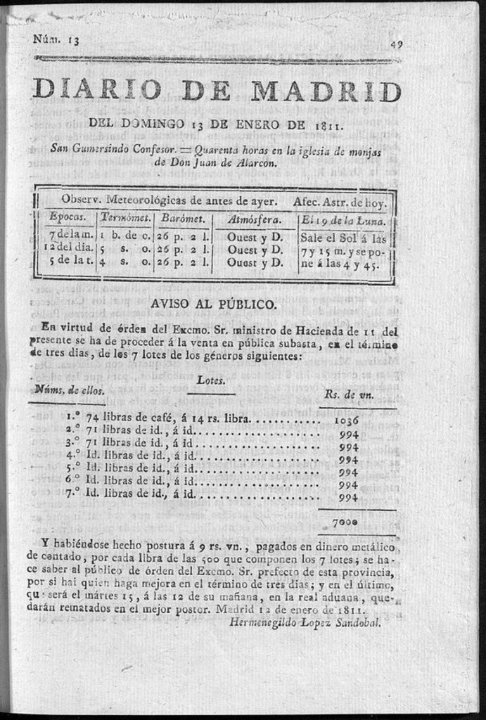 Miniatura de Diario de Madrid del domingo 13 de Enero de 1811