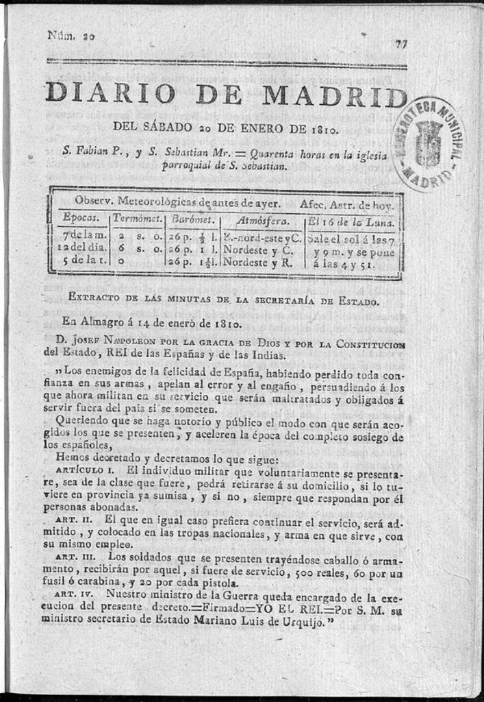 Miniatura de Diario de Madrid del sábado 20 de Enero de 1810