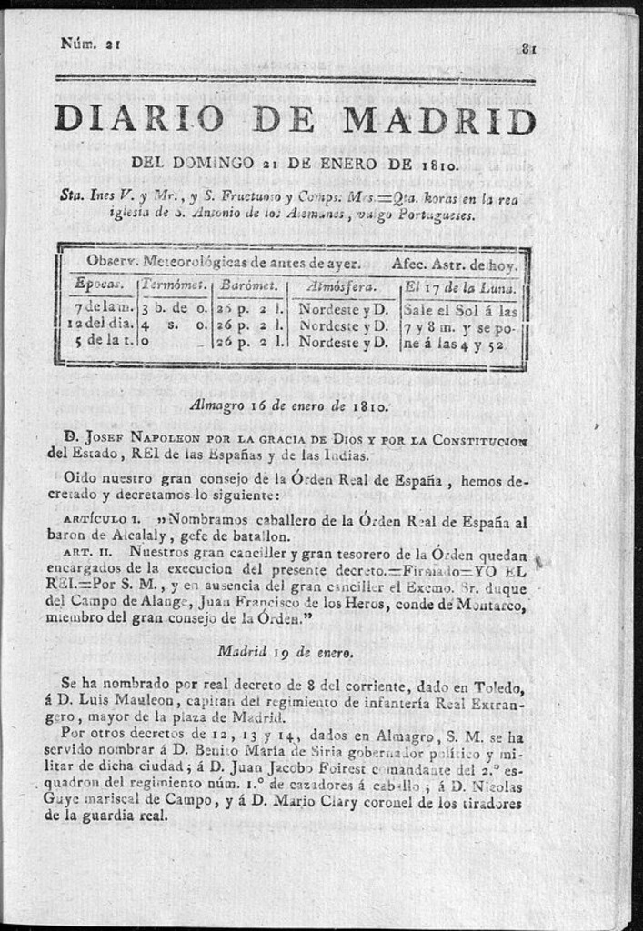Miniatura de Diario de Madrid del domingo 21 de Enero de 1810