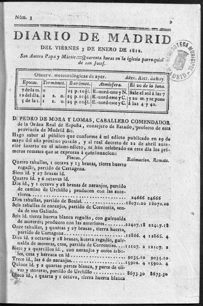 Miniatura de Diario de Madrid del viernes 3 de Enero de 1812