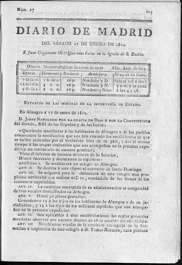 Miniatura de Diario de Madrid del sábado 27 de Enero de 1810
