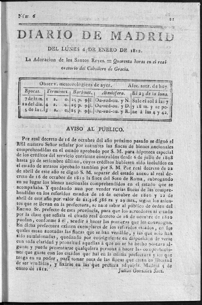 Miniatura de Diario de Madrid del lunes 6 de Enero de 1812