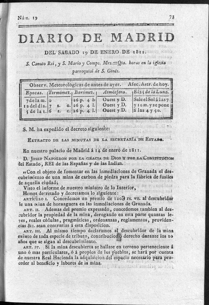 Miniatura de Diario de Madrid del sábado 19 de Enero de 1811