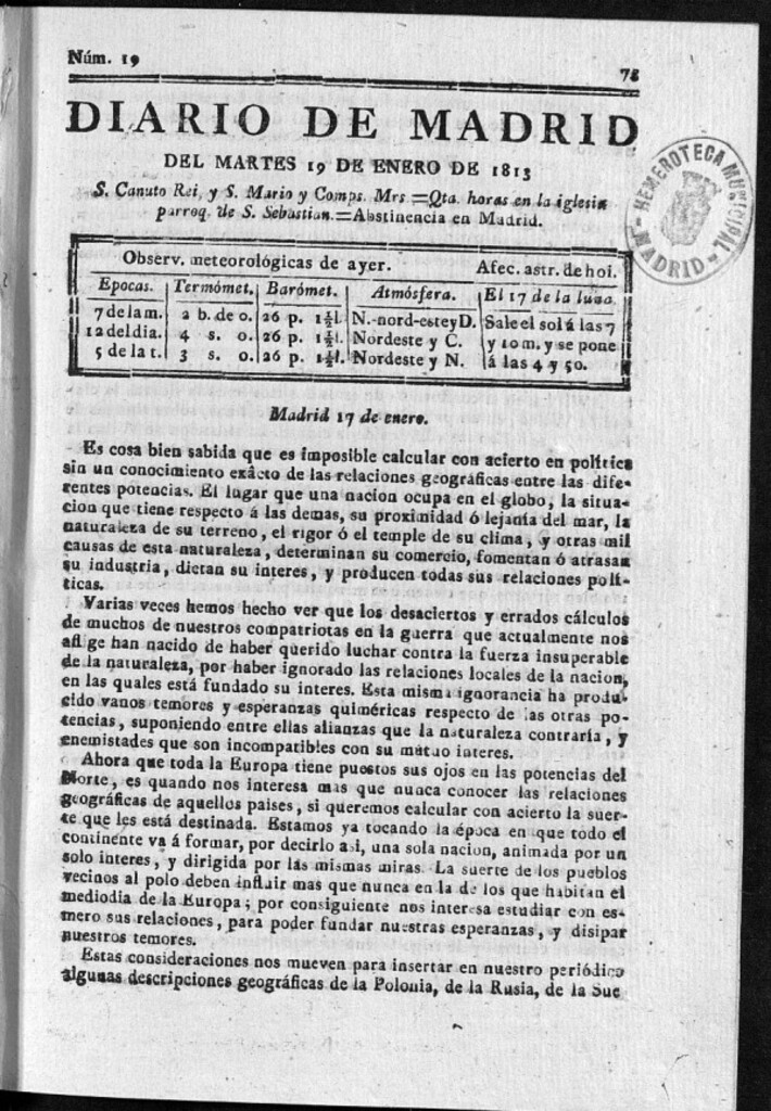 Miniatura de Diario de Madrid del Martes 19 de Enero de 1813