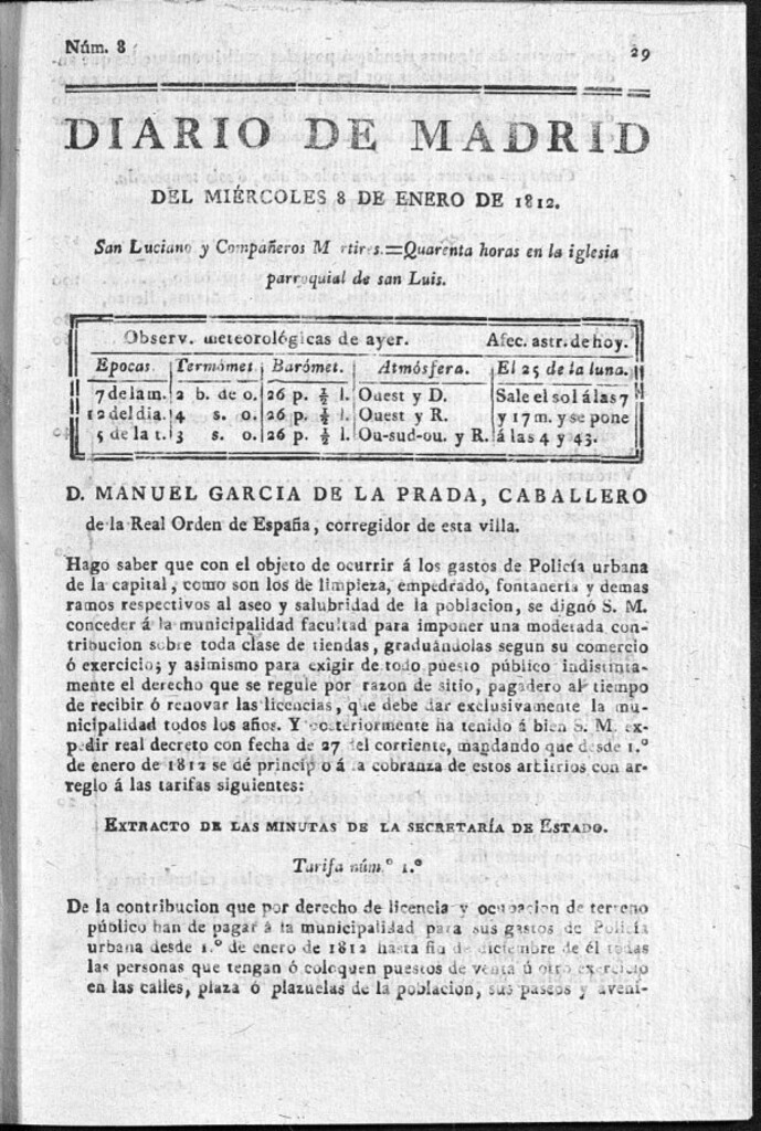 Miniatura de Diario de Madrid del miércoles 8 de Enero de 1812