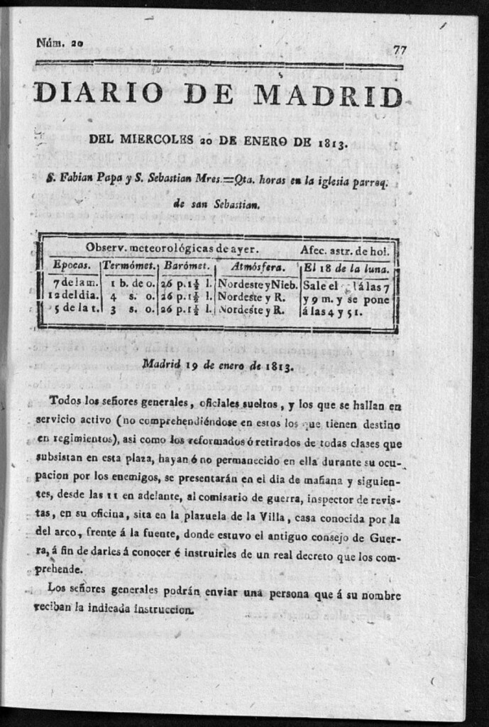 Miniatura de Diario de Madrid del Miércoles 20 de Enero de 1813
