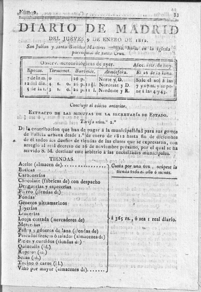 Miniatura de Diario de Madrid del jueves 9 de Enero de 1812