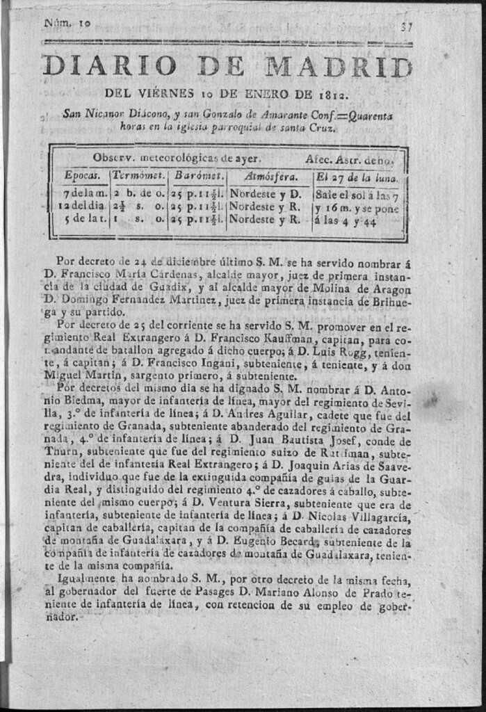 Miniatura de Diario de Madrid del viernes 10 de Enero de 1812