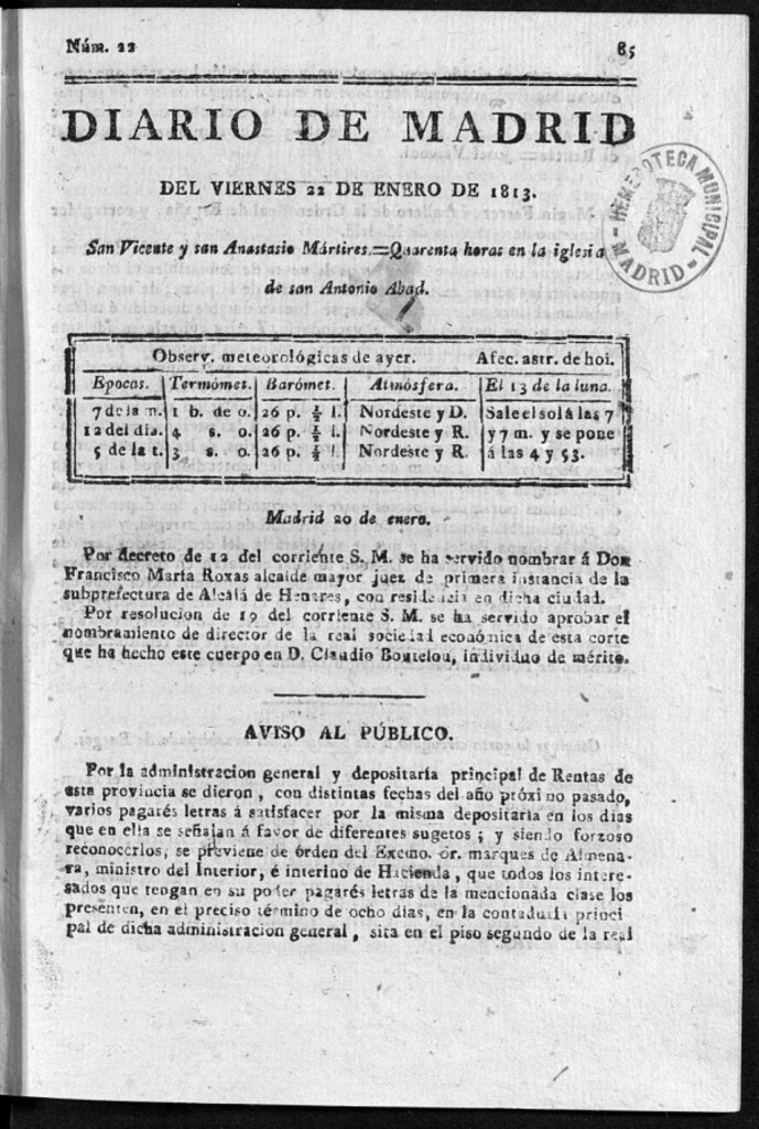 Miniatura de Diario de Madrid Viernes 22 de Enero de 1813