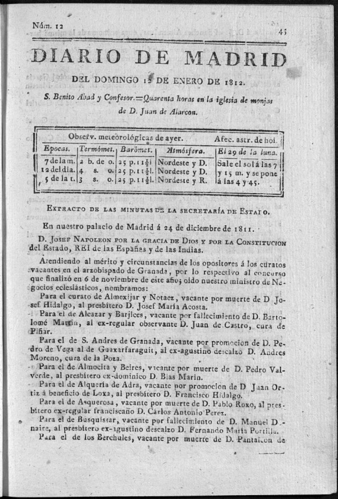 Miniatura de Diario de Madrid del domingo 12 de Enero de 1812