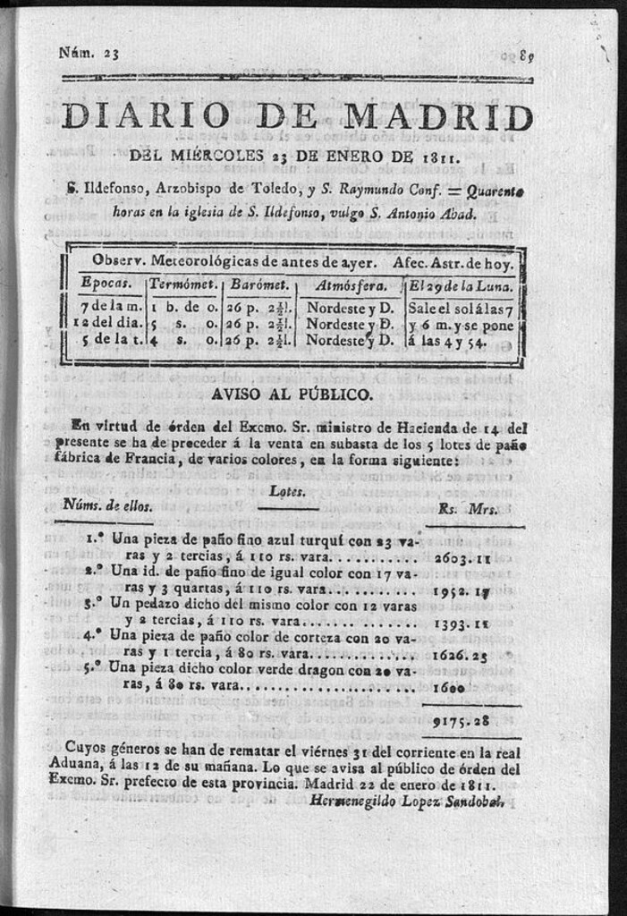 Miniatura de Diario de Madrid del miércoles 23 de Enero de 1811