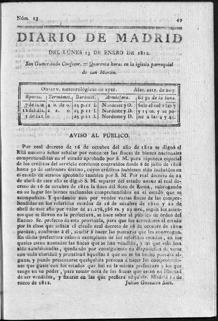 Miniatura de Diario de Madrid del lunes 13 de Enero de 1812