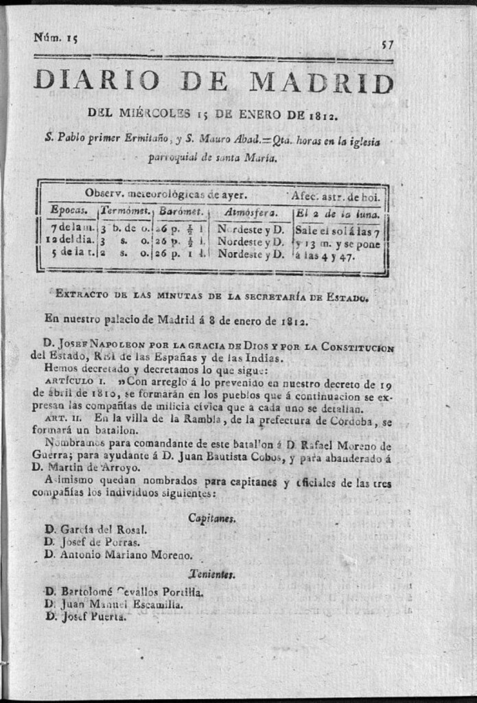 Miniatura de Diario de Madrid del miércoles 15 de Enero de 1812