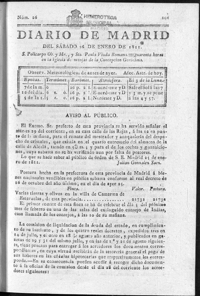 Miniatura de Diario de Madrid del sábado 26 de Enero de 1811