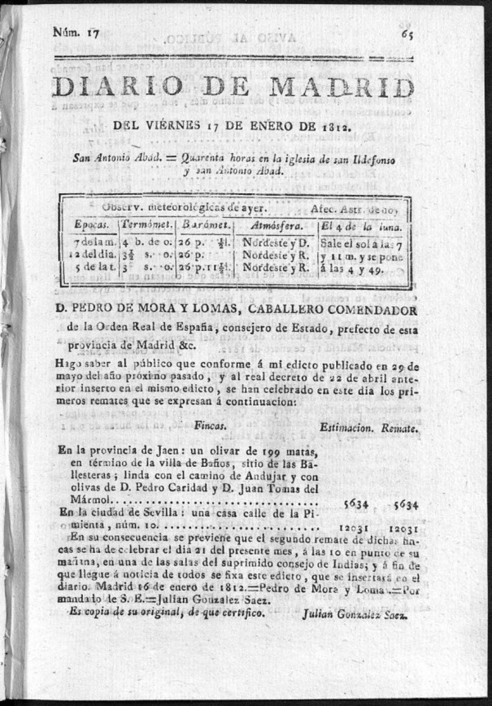 Miniatura de Diario de Madrid del viernes 17 de Enero de 1812