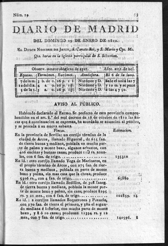 Miniatura de Diario de Madrid del domingo 19 de Enero de 1812