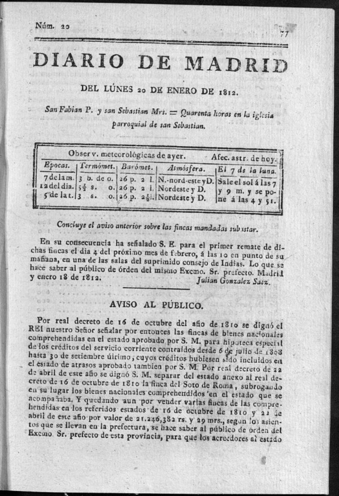 Miniatura de Diario de Madrid del lunes 20 de Enero de 1812