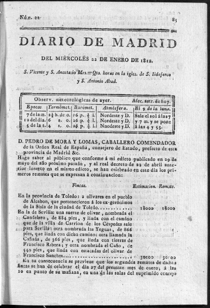 Miniatura de Diario de Madrid del miércoles 22 de Enero de 1812