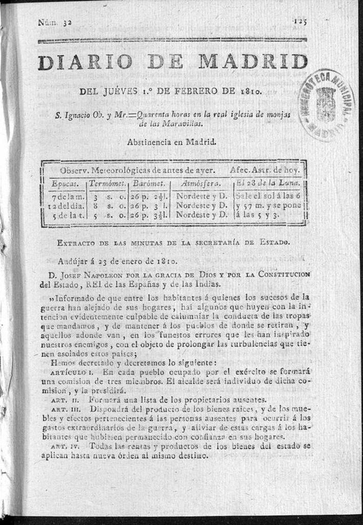 Miniatura de Diario de Madrid del jueves 1 de Febrero de 1810