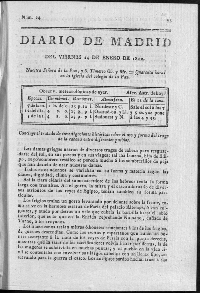 Miniatura de Diario de Madrid del viernes 24 de Enero de 1812