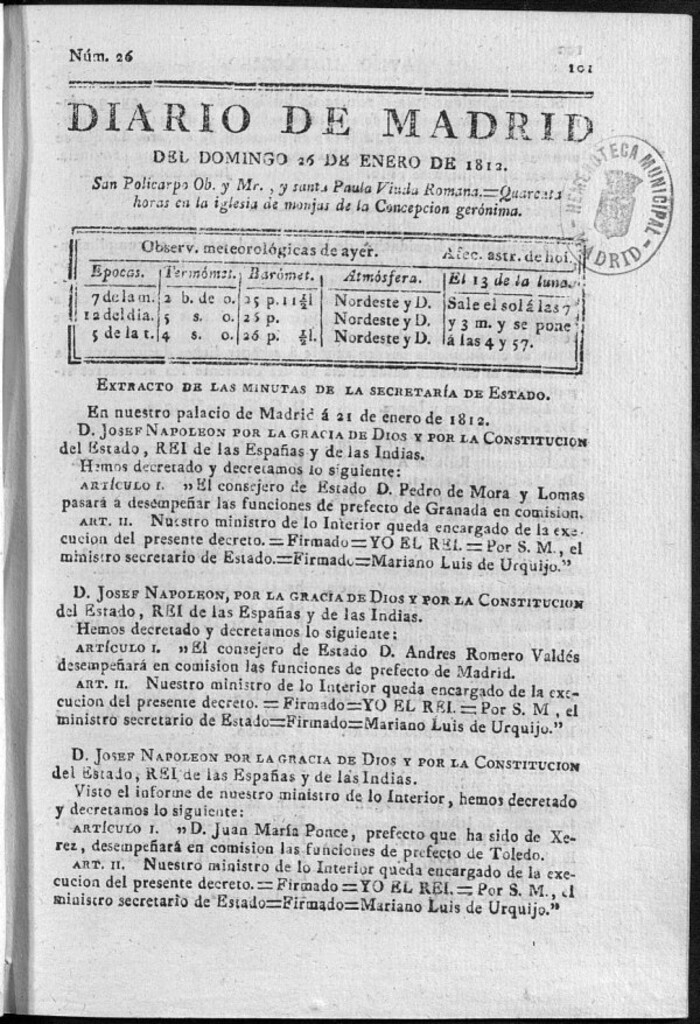 Miniatura de Diario de Madrid del domingo 26 de Enero de 1812