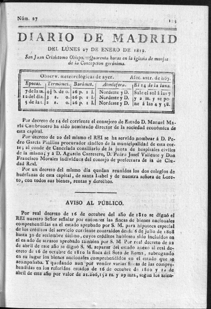 Miniatura de Diario de Madrid del lunes 27 de Enero de 1812