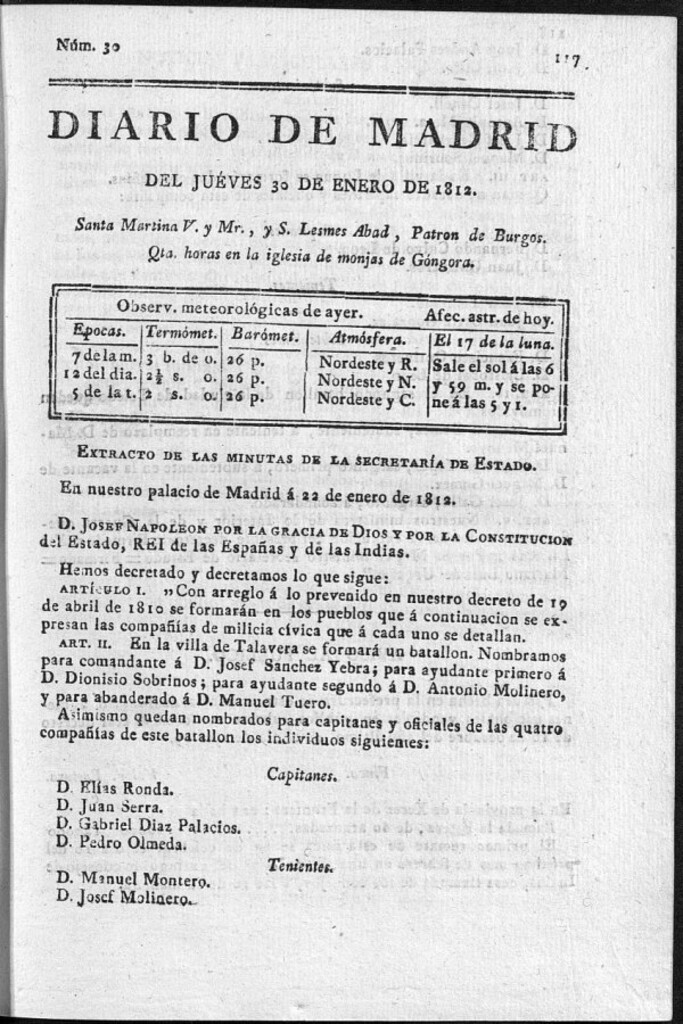 Miniatura de Diario de Madrid del jueves 30 de Enero de 1812