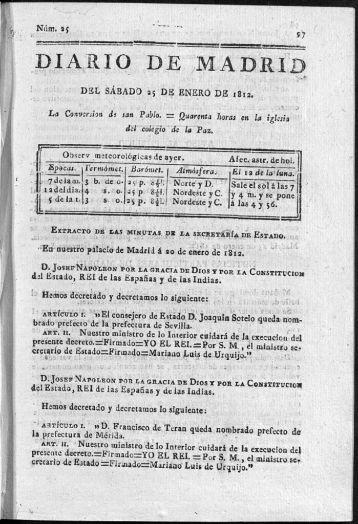 Miniatura de Diario de Madrid del sábado 25 de Enero de 1812