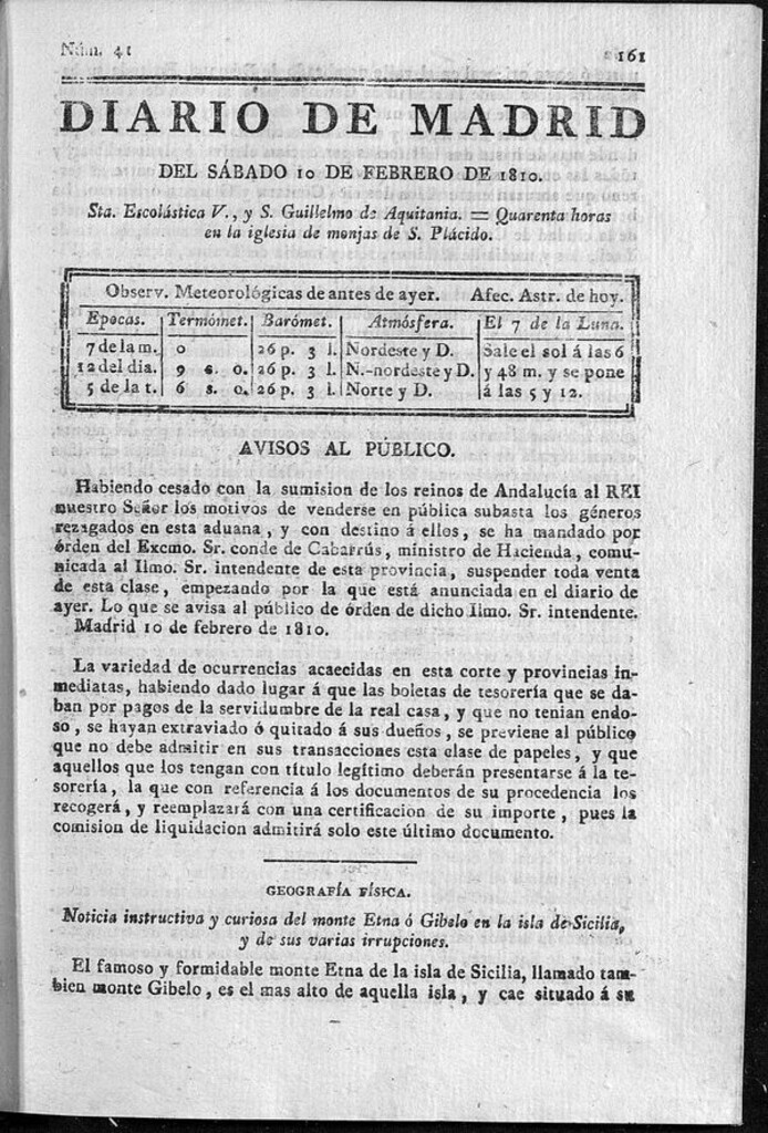 Miniatura de Diario de Madrid del sábado 10 de Febrero de 1810