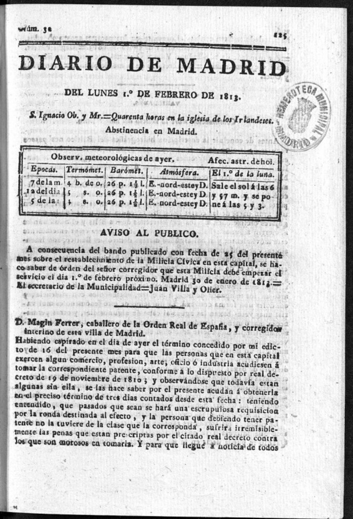 Miniatura de Diario de Madrid Lunes 1 de Febrero de 1813